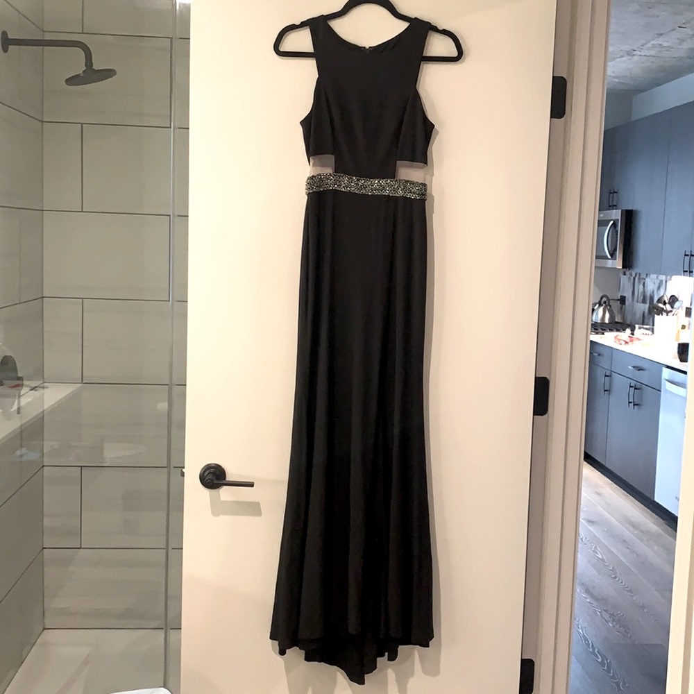 AQUA by Bloomingdales Black Gown with beaded waist, waist cutouts and sexy slit